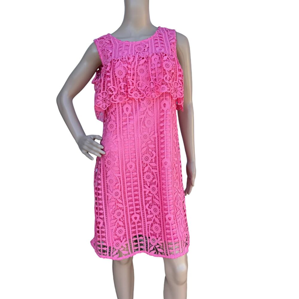 Neiman Marcus Pink Crochet Lace Ruffle Shift Dress Size 10